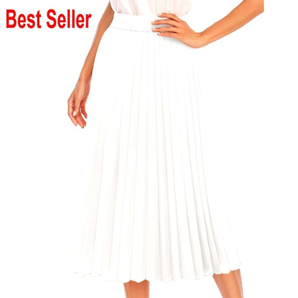 Pleated Midi Skirt Elastic High Waist Chiffon Lined Flowy Long A-Line